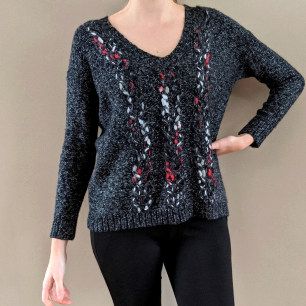 Kensie Sweater Gray with Red and White Braiding